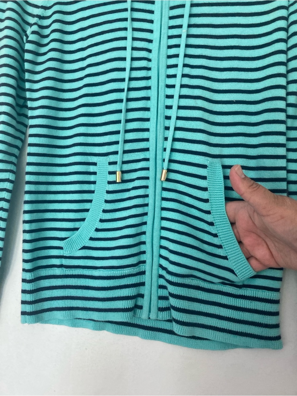 Charter Club Knit Hooded Jacket Women’s Sz P/P Striped Long Sleeve Full Zip - Picture 3 of 14